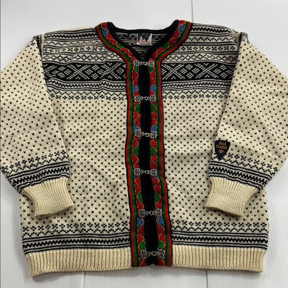 413. Women’s Dale of Norway Cream and Black Cardigan with Multicolor Accents (M)